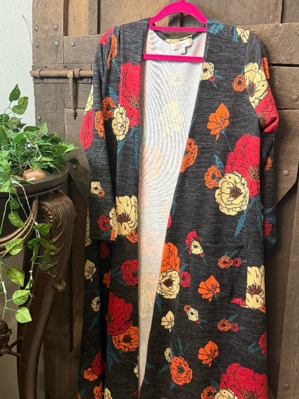 LuLaRoe Sarah Long Duster Cardigan Floral Charcoal Grey Red Orange - Women’s
